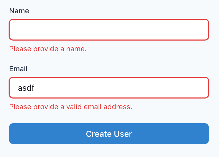 The “Required” error message has been replaced with “Please provide a name” and the “Invalid” error message has been replaced with “Please provide a valid email address.”