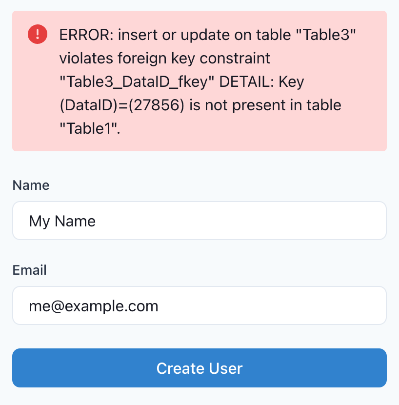A form with a “foreign key constraint” error message.