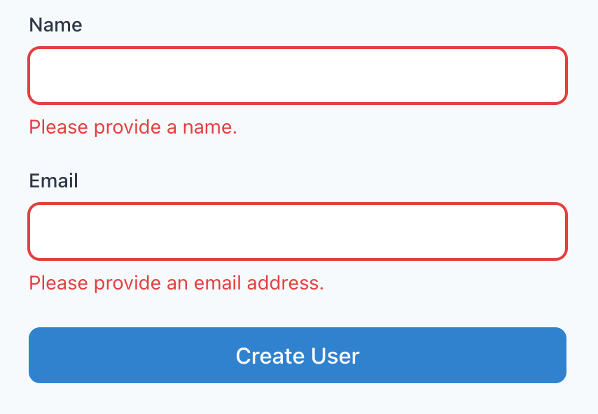 A form with an error message next to the Name field saying, “Please provide a name,” and an error message next to the Email field saying, “Please provide an email address.”