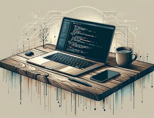 A wooden surface with an open laptop with code written on it, surrounded by a fresh cup of coffee, phone, pen and computer mouse.