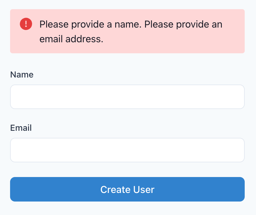 A form with a top-level error message saying, “Please provide a name. Please provide a valid email address.”