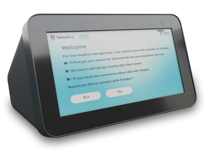 An illustrative graphic of an Amazon Echo Show 5 that is displaying information about Teledoc.