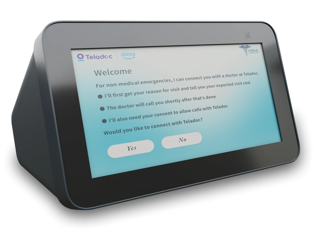 An illustrative graphic of an Amazon Echo Show 5 that is displaying information about Teledoc.