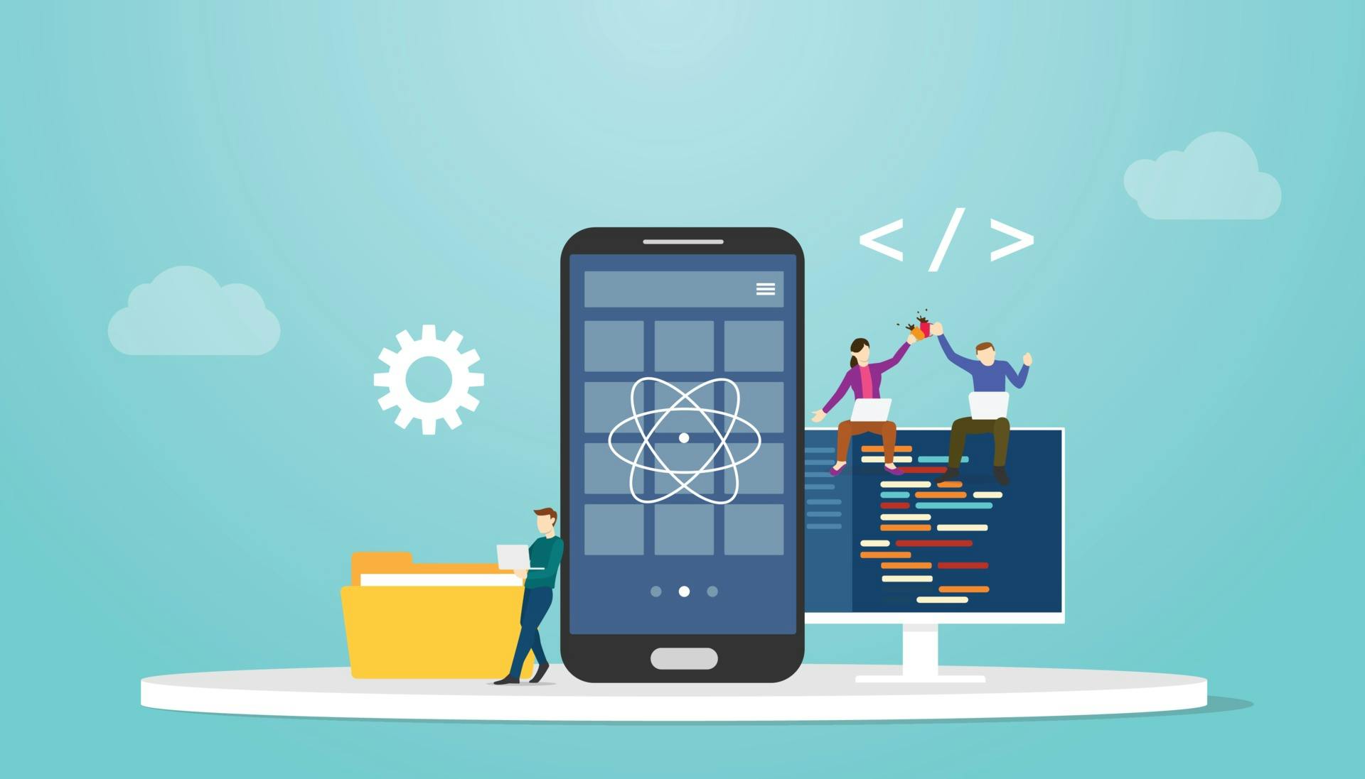 Vector illustration of smartphone with React atom superimposed over the center of it. Two people are on the side giving a high five. 