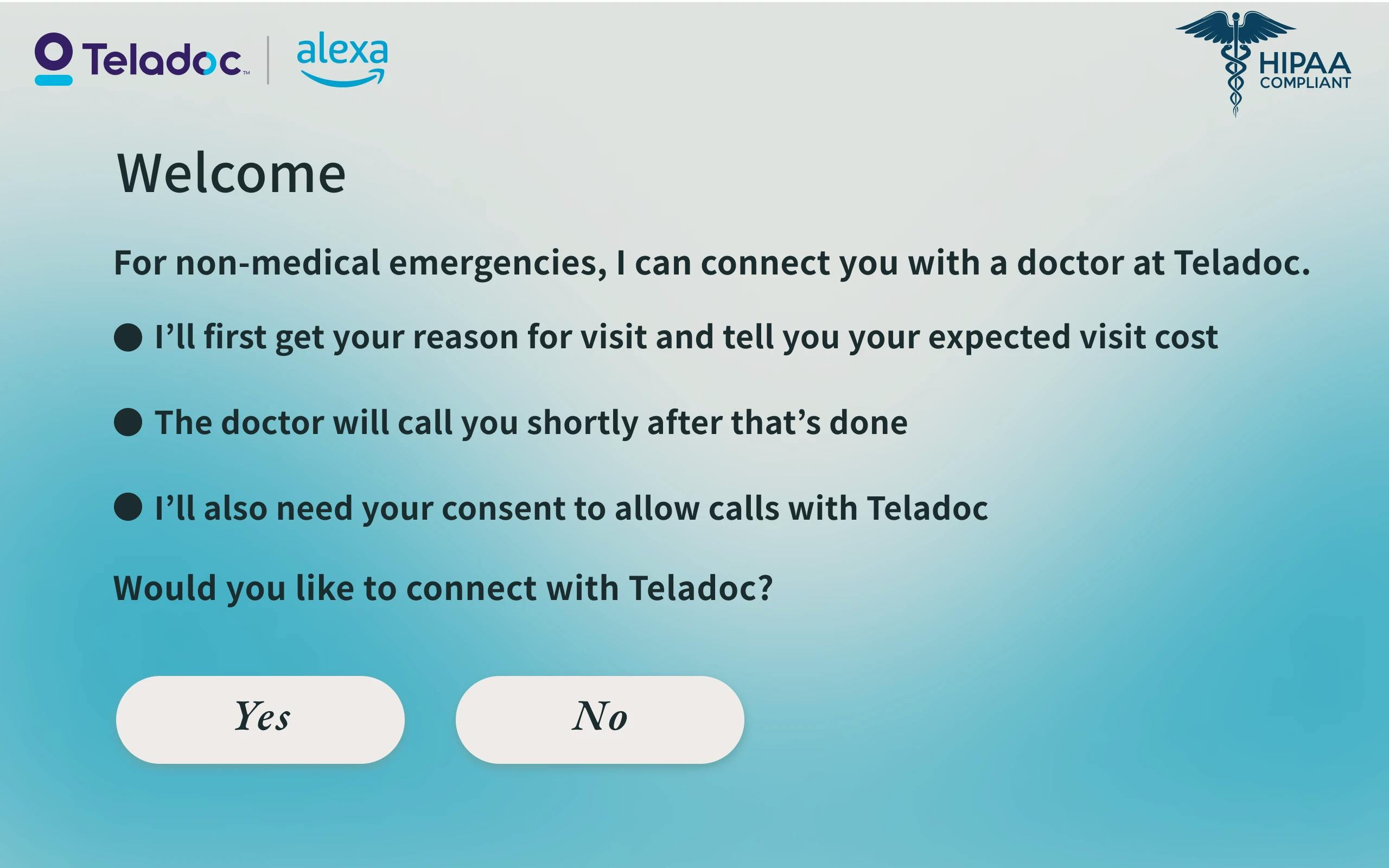 An Amazon Echo Show screen displaying information from Teledoc