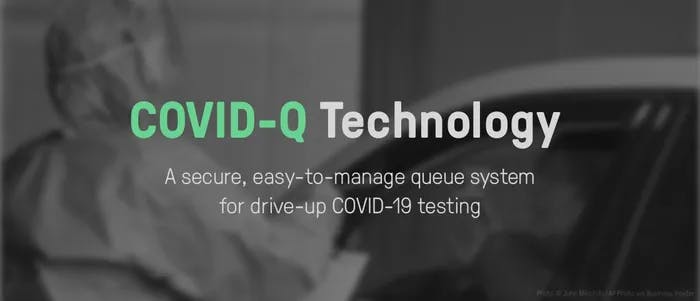 A person in full protective gear next to a car; "Covid-Q Technology: A secure, easy-to-manage queue system for drive-up COVID-19 testing". 