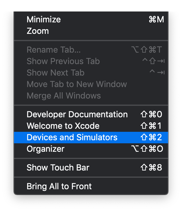 Screenshot of the Window menu in Xcode with Devices and Simulators selected
