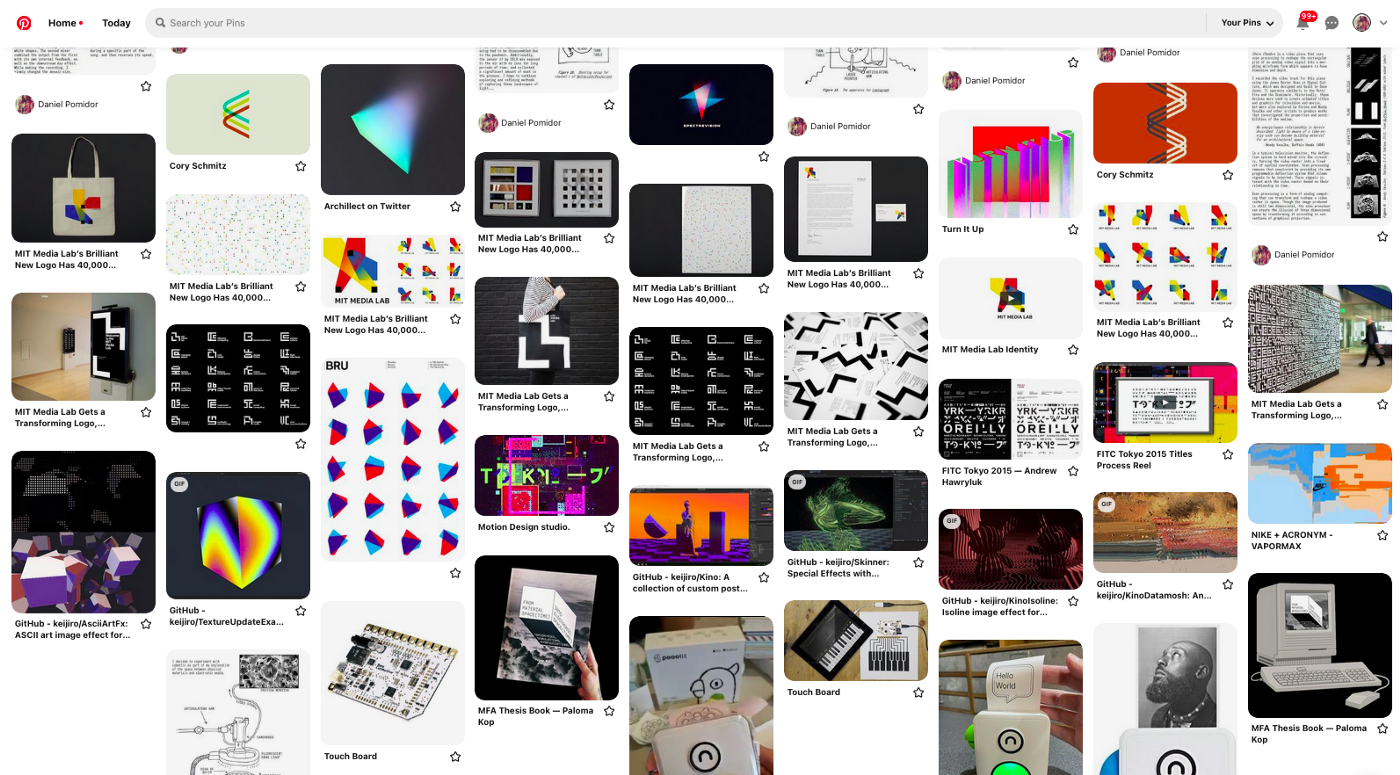 A screenshot of the inspiration board — including generative art, generative design, the Poooli printer, and video synthesis for Unity 3D and analog video