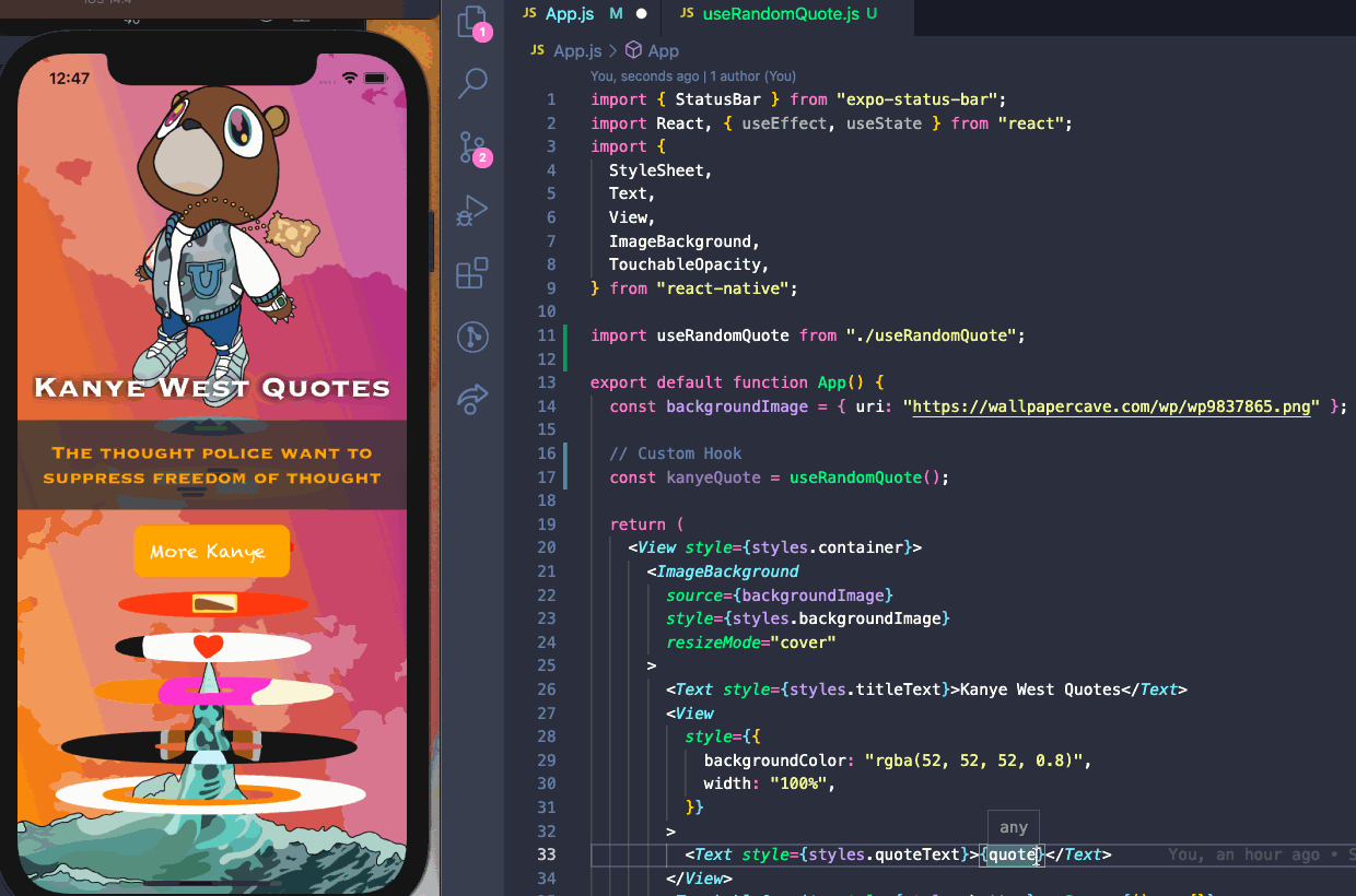 Kanye West quote app next to Visual Studio Code