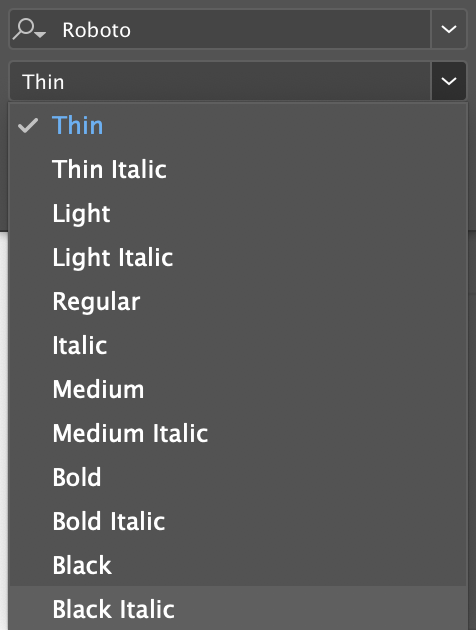 Font description listed in design tool showing all available font types in a font-family