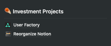 A picture of the investment projects section on the dashboard.