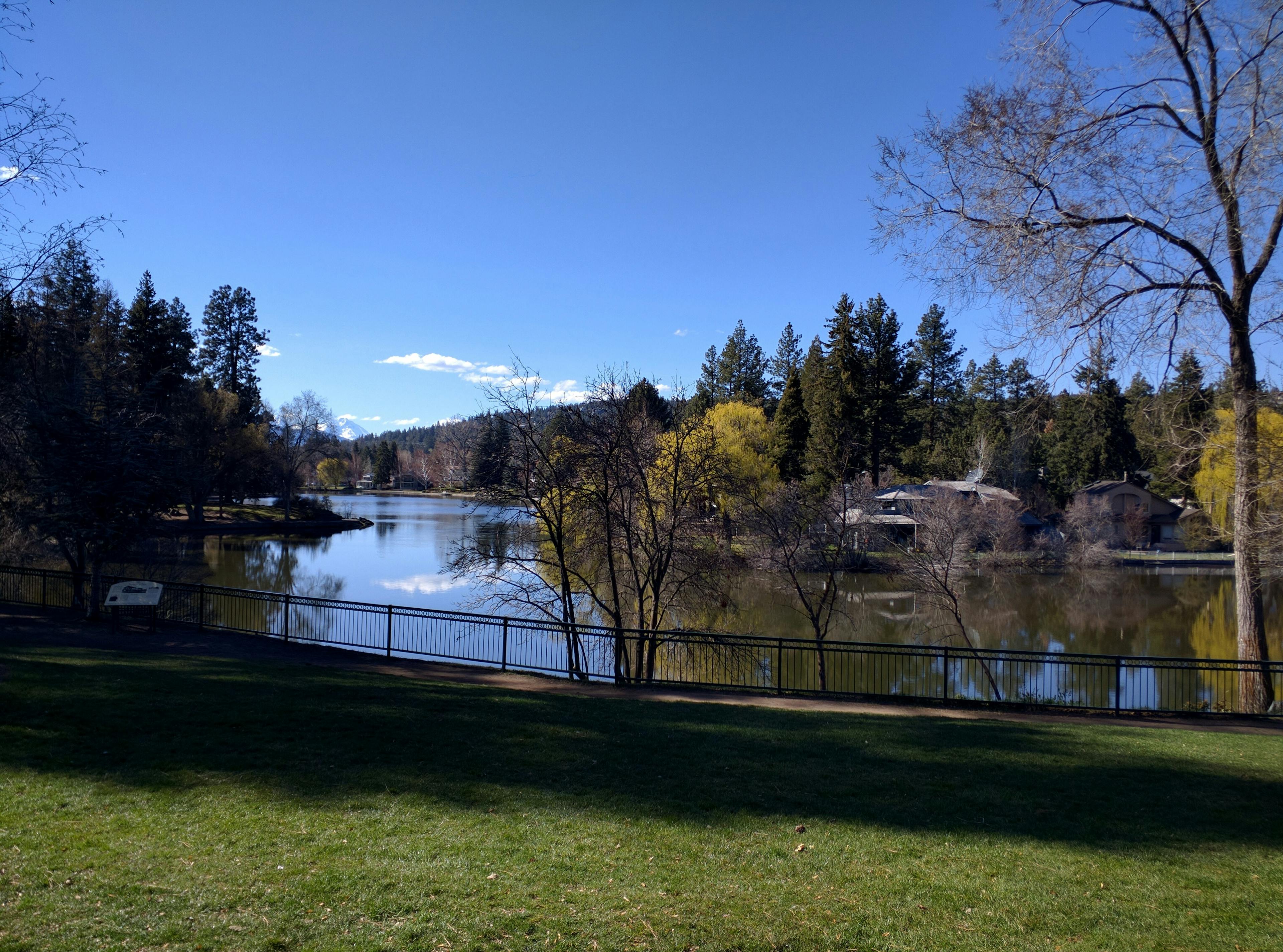 A view of a lake from a park in Bend, Oregon