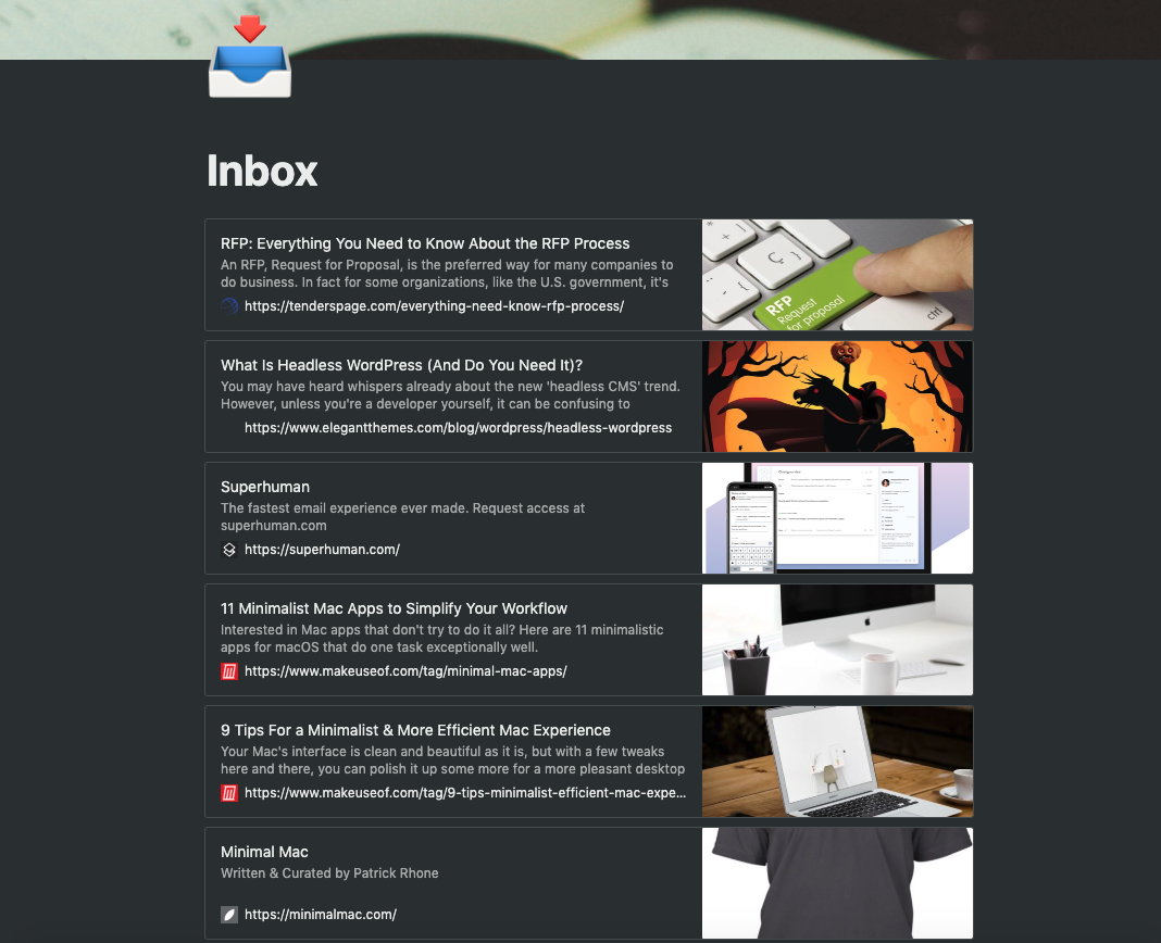 A Notion page showing an inbox section of the dashboard.