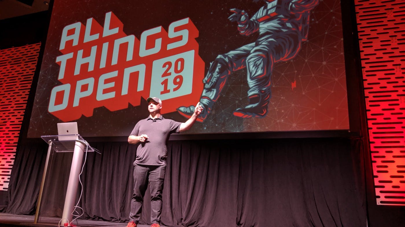 Keynote speaker on stage at All Thing Open 2019